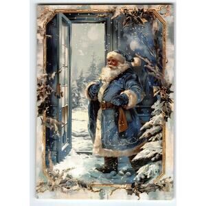 Blue Suit Coat Santa Claus Christmas Postcard 5.5x4 Lithograph Holiday Greetings